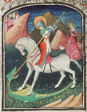 St. George on horseback fighting the dragon; the princess nearby with a dog(?); the king and queen watching the scene from the city-walls