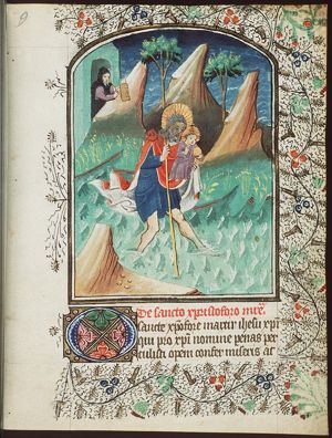 St. Christopher carrying the Christ-child, a hermit guiding him with a lamp