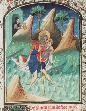 St. Christopher carrying the Christ-child, a hermit guiding him with a lamp