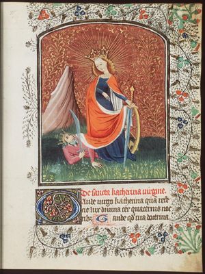 St. Catherine of Alexandria holding a book and a sword, with Emperor Maxentius at her feet
