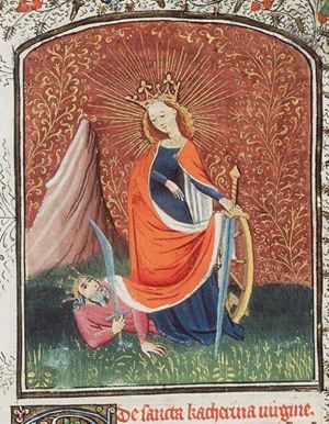 St. Catherine of Alexandria holding a book and a sword, with Emperor Maxentius at her feet