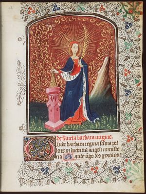 St. Barbara holding a palm, a tower beside her