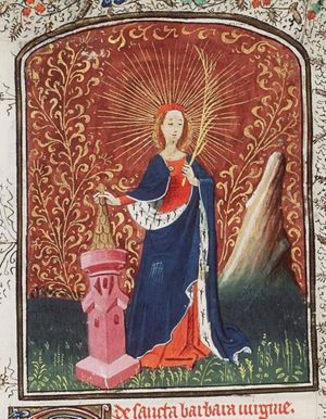 St. Barbara holding a palm, a tower beside her