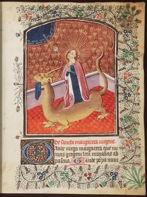 St. Margaret of Antioch emerging from the dragon and holding a cross; God the Father and Holy Spirit
