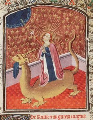 St. Margaret of Antioch emerging from the dragon and holding a cross; God the Father and Holy Spirit