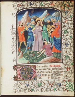 The arrest of Christ: the kiss of Judas; Christ holding the ear of Malchus cut off by St. Peter