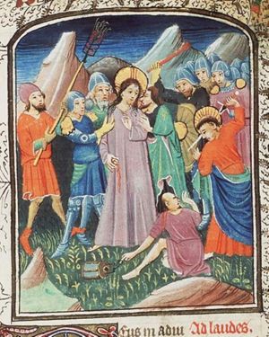 The arrest of Christ: the kiss of Judas; Christ holding the ear of Malchus cut off by St. Peter