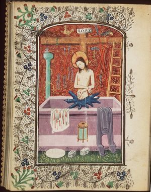Man of Sorrows: Christ hovering above his tomb, with the Instruments of the Passion