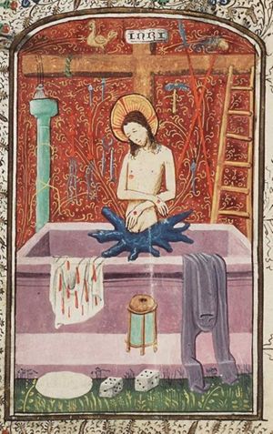 Man of Sorrows: Christ hovering above his tomb, with the Instruments of the Passion