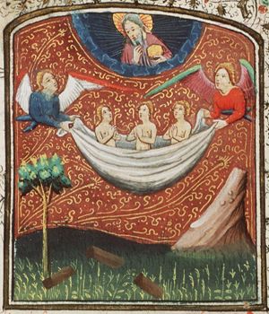 Two angels bringing souls to heaven; God the Father