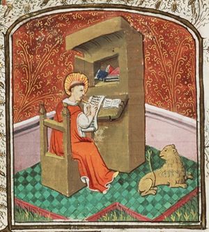The Evangelist St. Mark writing, with his symbol the lion