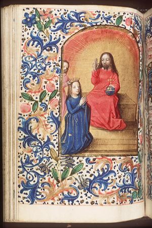 The coronation of Mary by an angel before Christ enthroned in heaven, blessing and holding an orb