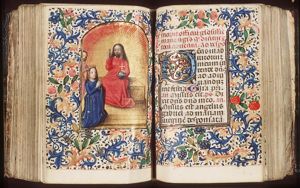 The coronation of Mary by an angel before Christ enthroned in heaven, blessing and holding an orb