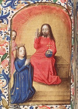 The coronation of Mary by an angel before Christ enthroned in heaven, blessing and holding an orb