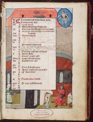 January: man warming himself at the fireplace, woman with plate; Aquarius