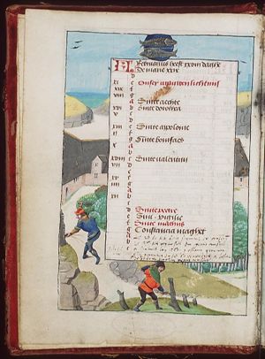 February: men pruning; Pisces