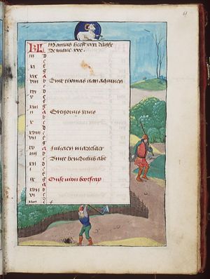 March: two men, one breaking ground, one carrying a stick; Aries