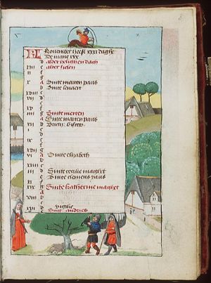 November: a man knocking acorns out of an oak-tree(?), woman with stick; Sagittarius
