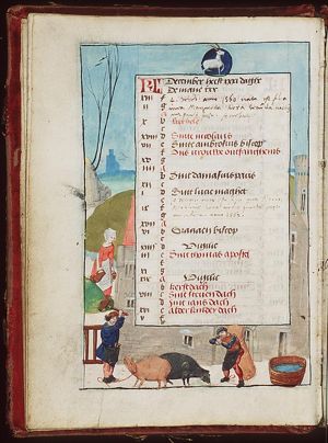 December: man slaughtering pigs, woman with waterjug, man with hay; Capricorn