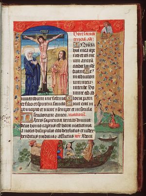 Man strewing flowers; woman gathering flowers