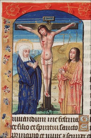 Crucifixion, with Mary and St. John; the three crosses in the background