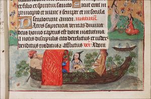 Men and woman in a boat, drinking and making music