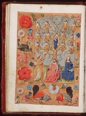 The Tree of Jesse: genealogical tree sprouting from Jesse's loins; the Annunciation: Gabriel announces Christ's birth to Mary