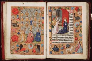 The Tree of Jesse: genealogical tree sprouting from Jesse's loins; the Annunciation: Gabriel announces Christ's birth to Mary