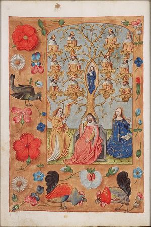 The Tree of Jesse: genealogical tree sprouting from Jesse's loins; the Annunciation: Gabriel announces Christ's birth to Mary