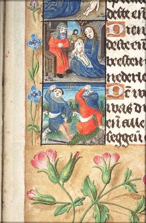 Nativity: Mary, Joseph and the new-born Christ; shepherds (4th of 5)