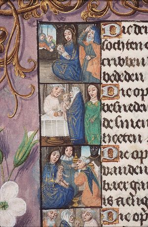 The Nativity: Mary seated, holding the Christ-child; St. Joseph; shepherds adoring (1st of 5)