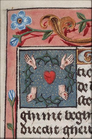 The five wounded limbs of Christ: heart, hands, and feet and crown of thorns