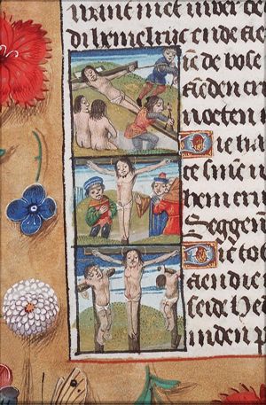 The Crucifixion: Christ is nailed to the cross; raising of the cross; the two malefactors waiting (2nd of 4)