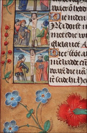 Crucifixion: bystanders at the foot of the cross, among whom Stephaton offering Christ vinegar on a sponge (4th of 5)