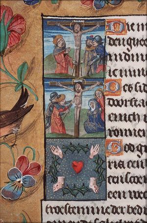 Crucifixion: bystanders at the foot of the cross, among whom Longinus (1st of 4)