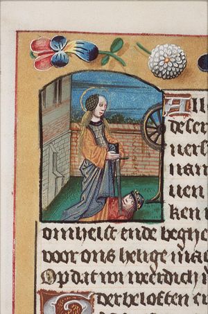 St. Catherine of Alexandria holding a sword and a wheel, with Emperor Maxentius at her feet