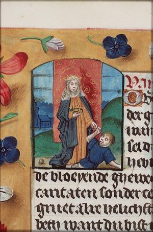 St. Elisabeth of Hungary with a crown on her head and one in her hand, a beggar at her feet
