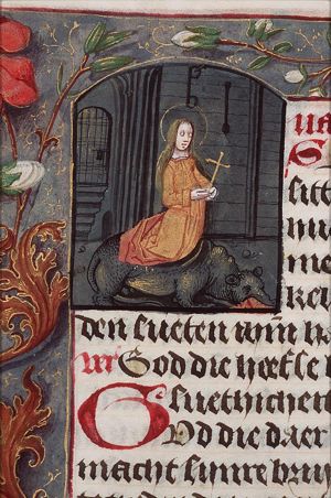 St. Margaret of Antioch emerging from the dragon and holding a cross