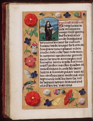 St. Gertrude of Nivelles holding a pastoral staff and a book; mice