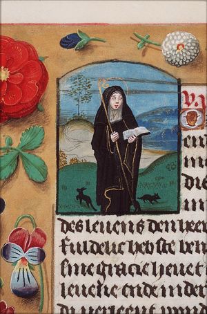 St. Gertrude of Nivelles holding a pastoral staff and a book; mice