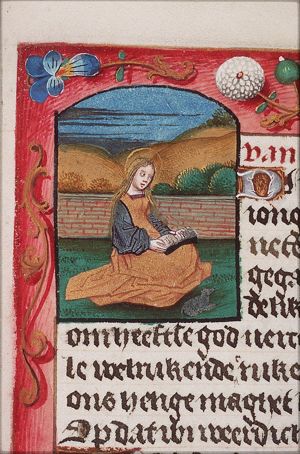 St. Agnes of Rome holding a book, a lamb lying in front her