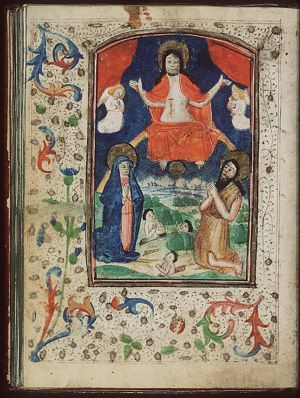The Last Judgement: Christ on a rainbow raises the dead in the presence of Mary and St. John the Baptist; angels in adoration