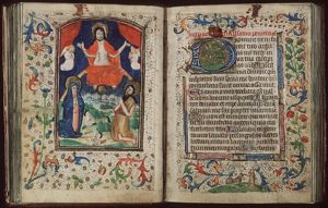The Last Judgement: Christ on a rainbow raises the dead in the presence of Mary and St. John the Baptist; angels in adoration