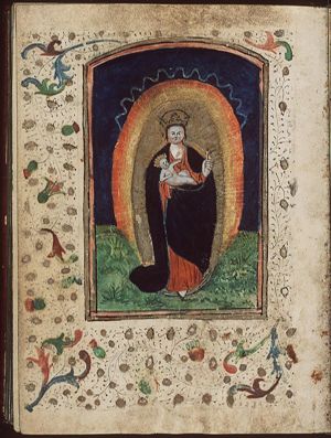 Madonna: Mary wearing a crown and holding a crucifix stands on the crescent of the moon; the Christ-child wears also a crown