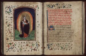 Madonna: Mary wearing a crown and holding a crucifix stands on the crescent of the moon; the Christ-child wears also a crown