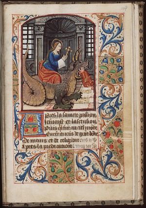 St. Margaret of Antioch emerging from the dragon and holding a cross