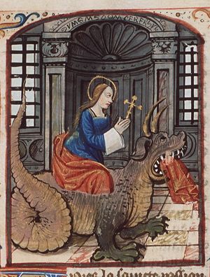 St. Margaret of Antioch emerging from the dragon and holding a cross