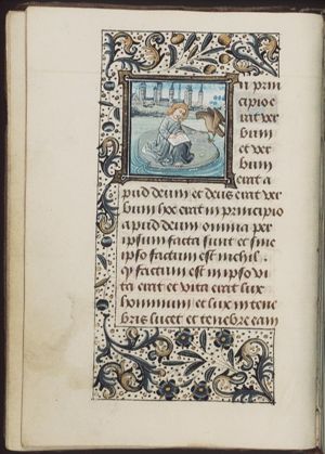 The Evangelist St. John writing, with his symbol the eagle on Patmos