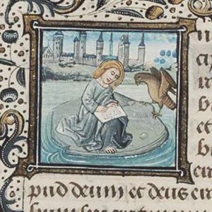 The Evangelist St. John writing, with his symbol the eagle on Patmos