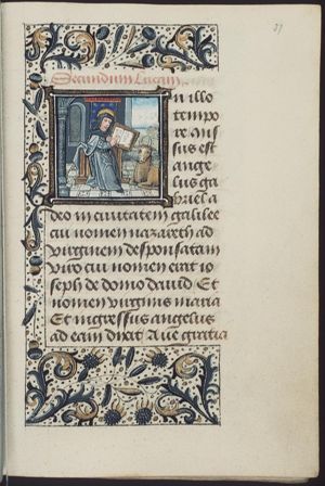The Evangelist St. Luke writing, with his symbol the ox